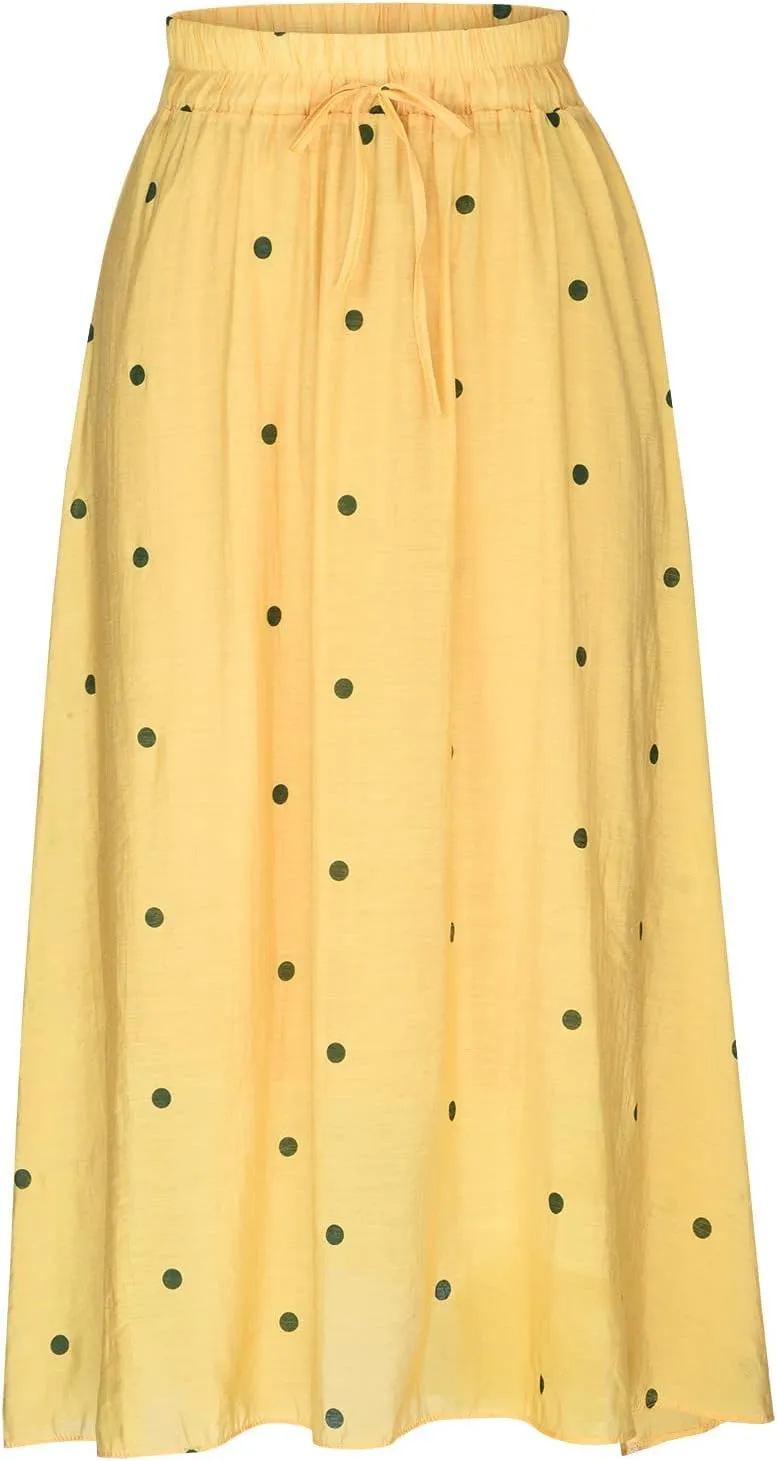 Women's Basic Elastic Waist Pleated Skirts Drawstring Tie Front Midi Skirt Flowy Casual A-Line Swing Skirt Dress
