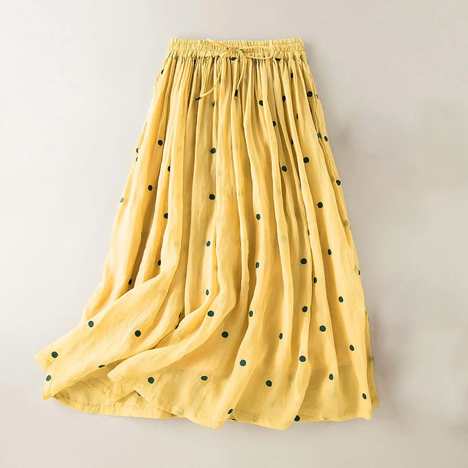 Women's Basic Elastic Waist Pleated Skirts Drawstring Tie Front Midi Skirt Flowy Casual A-Line Swing Skirt Dress