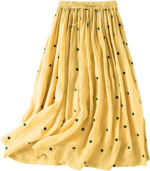 Women's Basic Elastic Waist Pleated Skirts Drawstring Tie Front Midi Skirt Flowy Casual A-Line Swing Skirt Dress