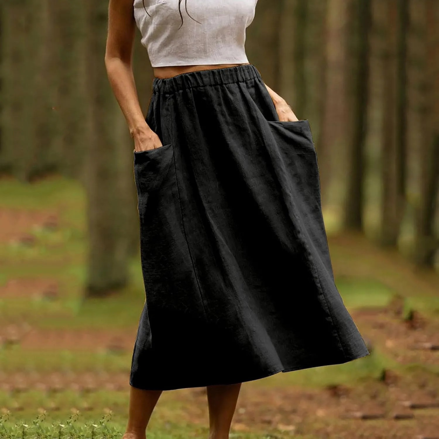 Women's Elastic Waist Straight Pocket Midi Skirts A Line Midi Swing Flared Skirt Casual Solid Beach Skirt Dress