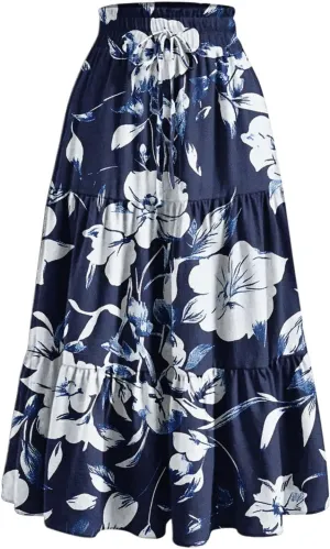 Womens Floral Print Long Skirt Boho Summer Beach Vacation Pleated Drawstring Elastic High Waisted Casual Maxi Skirt