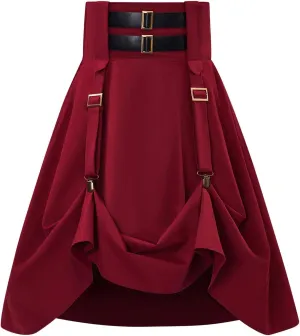 Womens Goth Skirt Vintage Gothic Midi Skirts High Waisted A-Line Skirt High Low Pleated Skirts Retro Steampunk Skirts