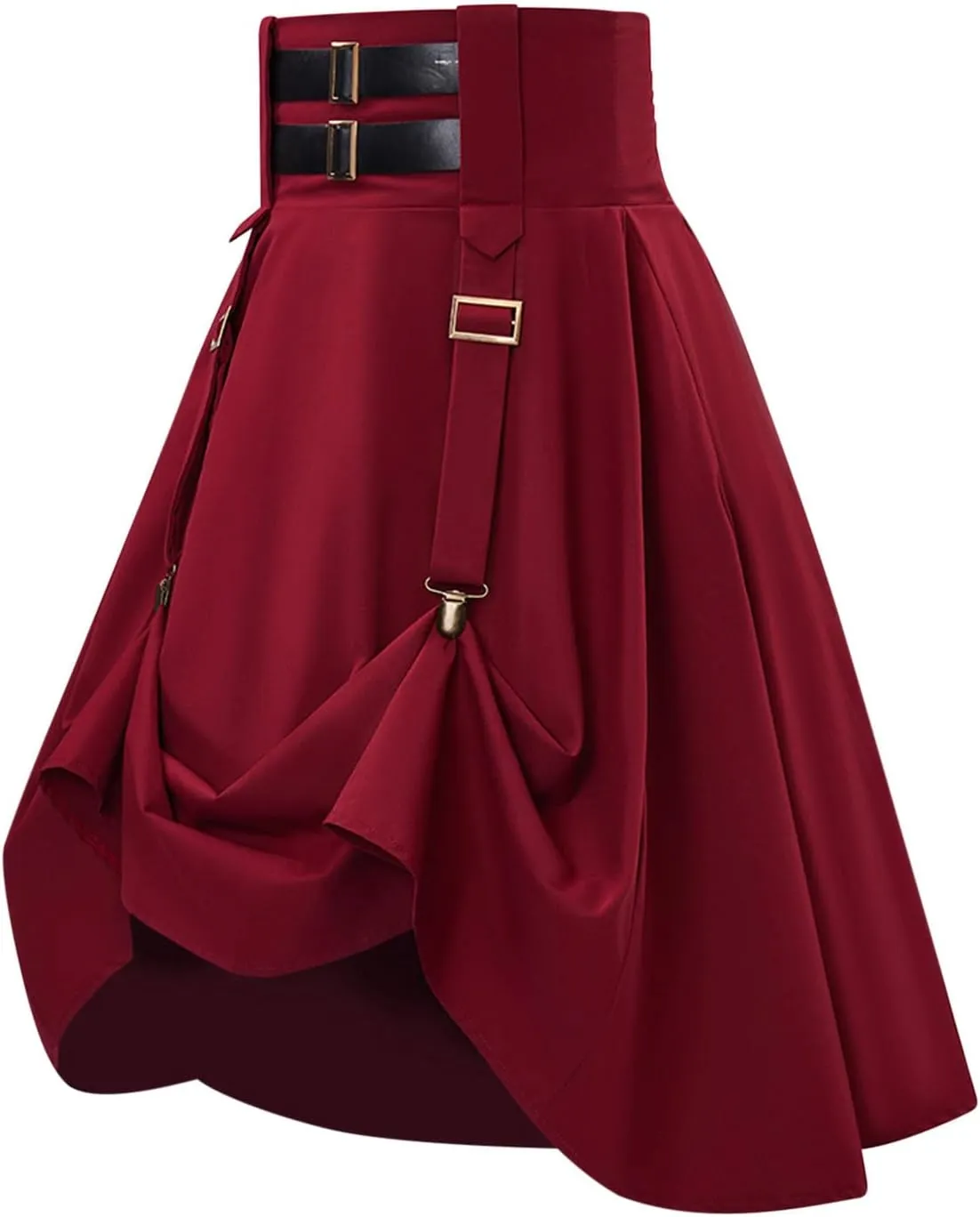 Womens Goth Skirt Vintage Gothic Midi Skirts High Waisted A-Line Skirt High Low Pleated Skirts Retro Steampunk Skirts