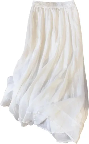 Women's Linen Stretch Soft Pleated Skirt Elastic Waisted Spring Summer Ruched Skirts Casual Loose Trendy Maxi Skirt