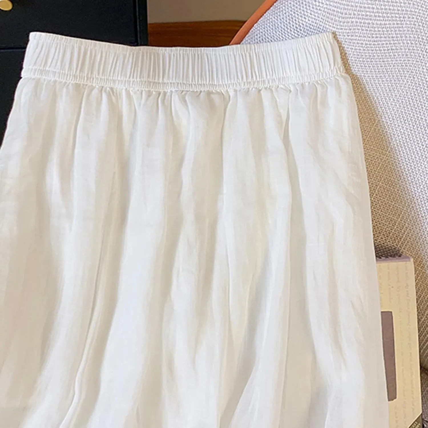 Women's Linen Stretch Soft Pleated Skirt Elastic Waisted Spring Summer Ruched Skirts Casual Loose Trendy Maxi Skirt