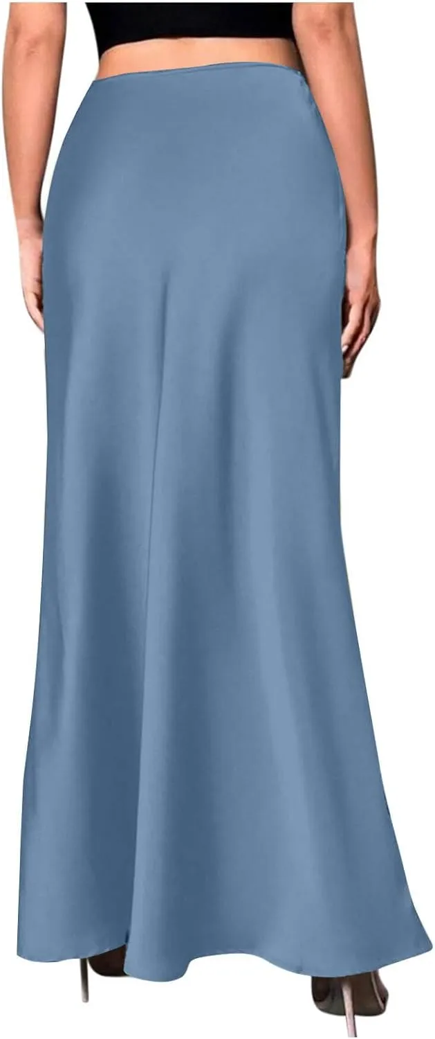 Women's Long Satin Skirt with Zipper High Waisted Flared Casual A Line Maxi Silk Skirts Party Wedding Dress