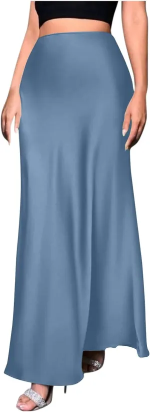 Women's Long Satin Skirt with Zipper High Waisted Flared Casual A Line Maxi Silk Skirts Party Wedding Dress