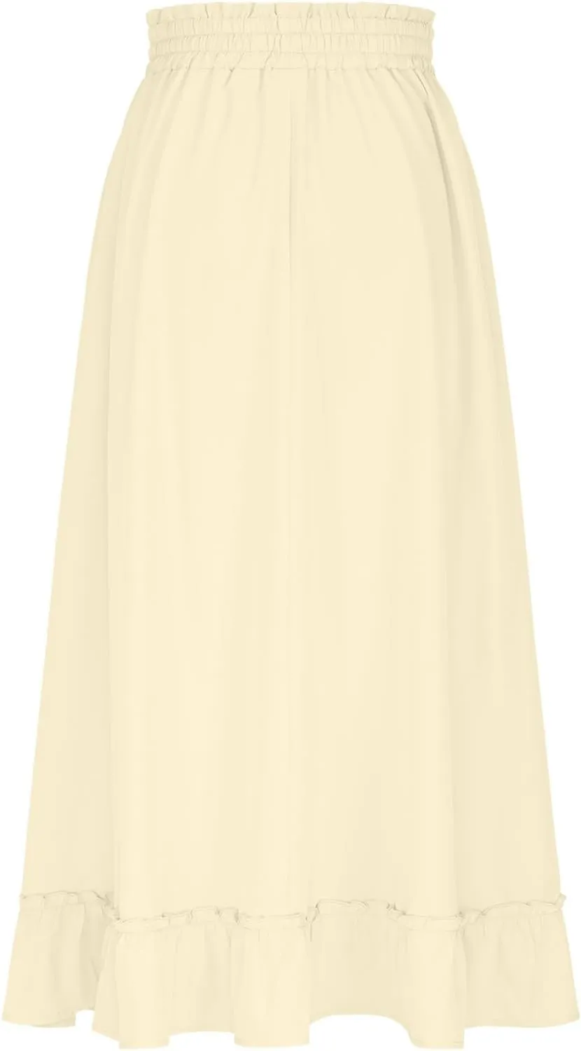 Womens Maxi Skirt Summer Trendy Drawstring Elastic High Waisted Casual Beach Flowy Swing Long Skirts with Pockets
