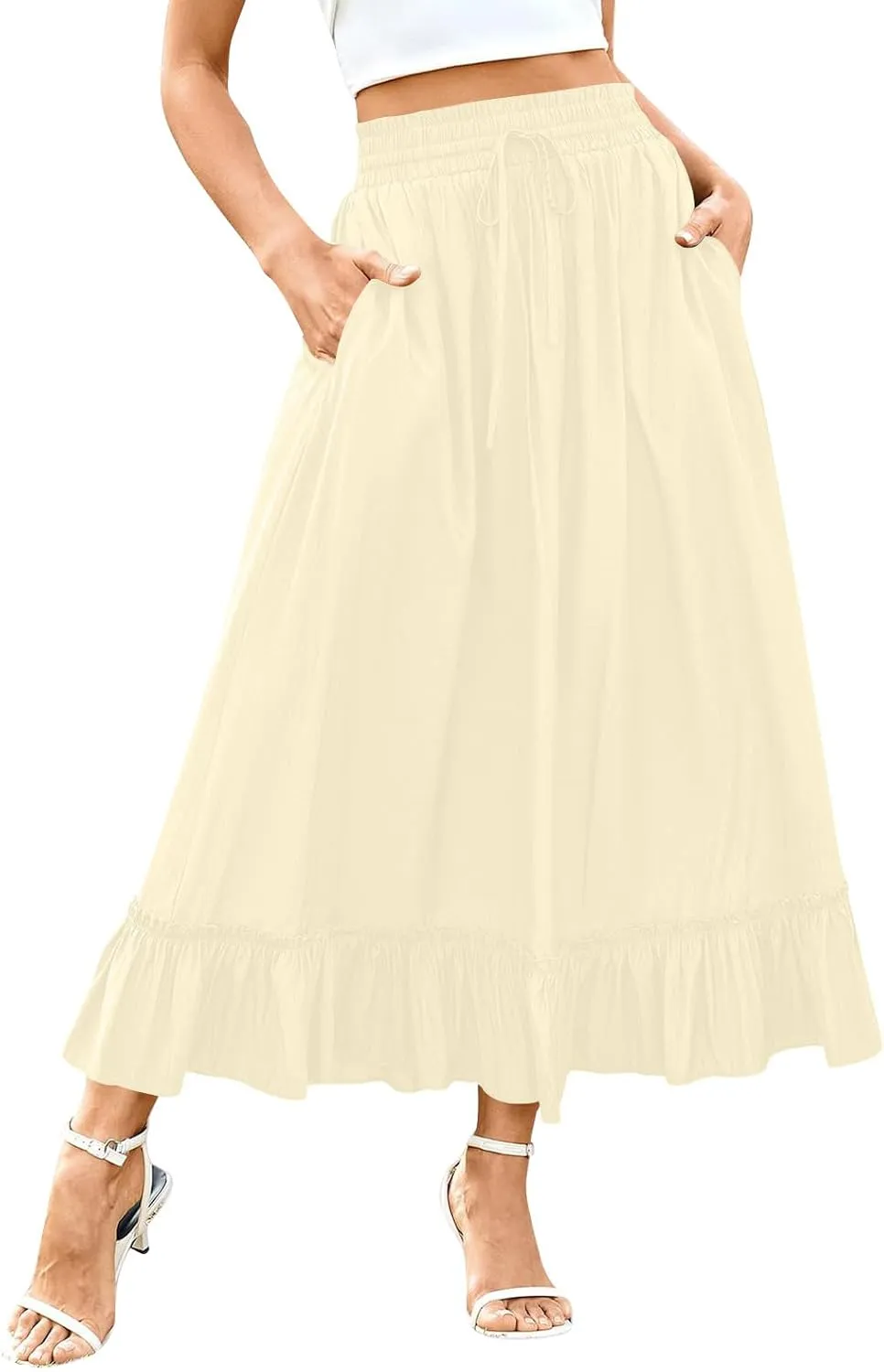 Womens Maxi Skirt Summer Trendy Drawstring Elastic High Waisted Casual Beach Flowy Swing Long Skirts with Pockets