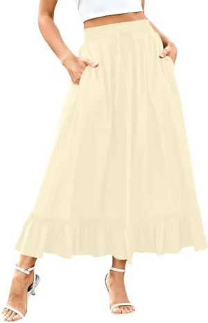Womens Maxi Skirt Summer Trendy Drawstring Elastic High Waisted Casual Beach Flowy Swing Long Skirts with Pockets