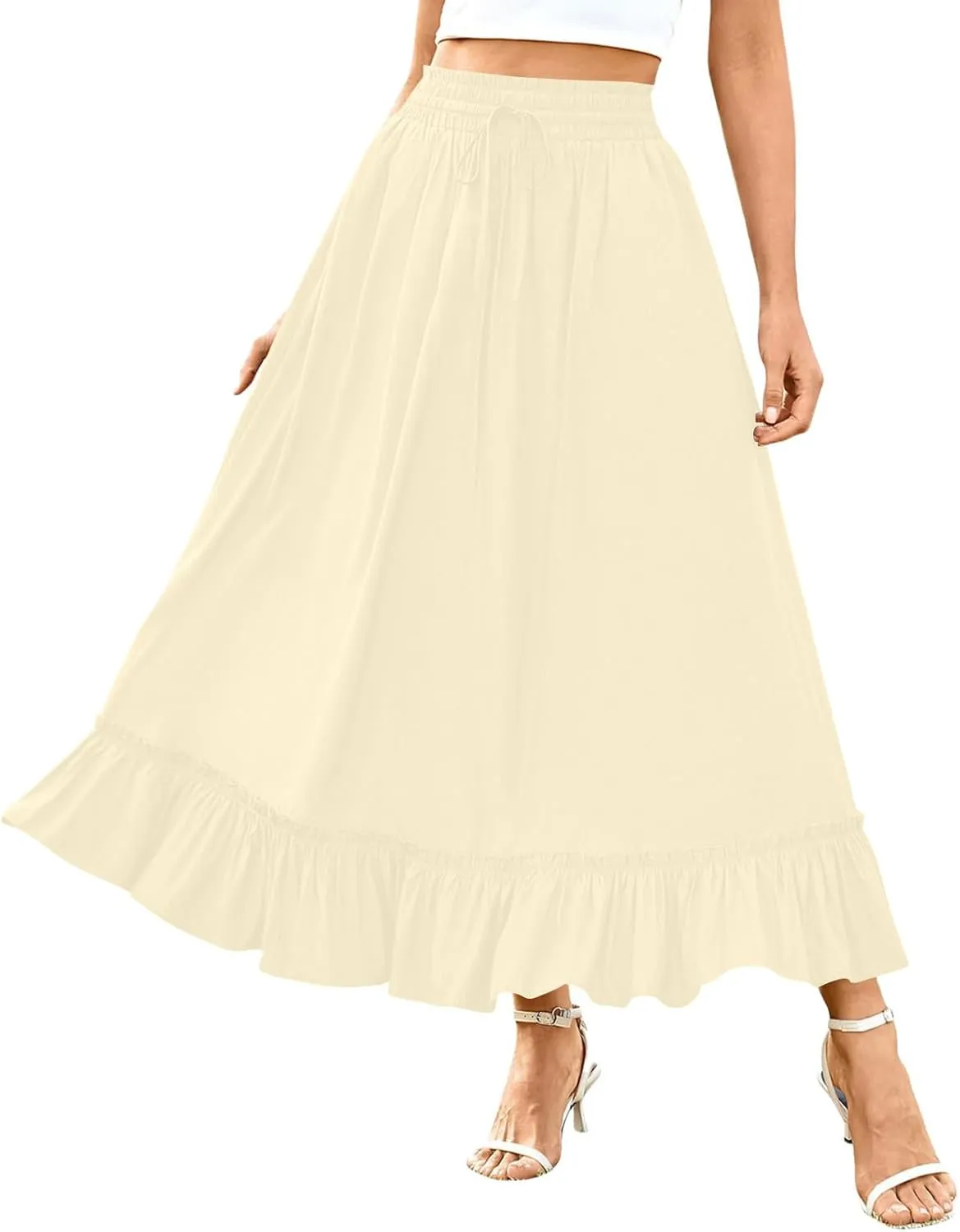 Womens Maxi Skirt Summer Trendy Drawstring Elastic High Waisted Casual Beach Flowy Swing Long Skirts with Pockets