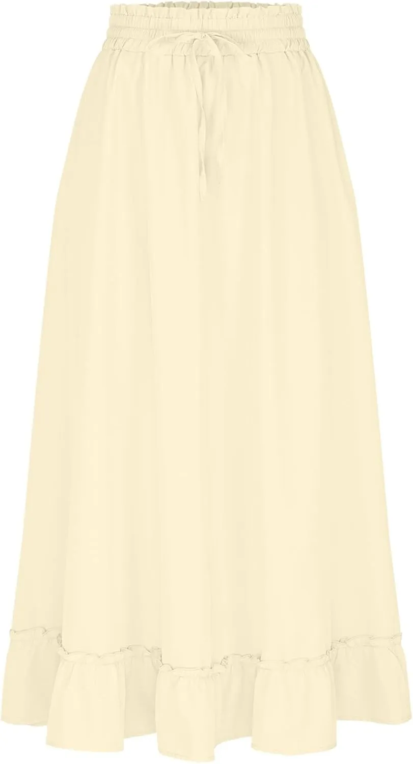 Womens Maxi Skirt Summer Trendy Drawstring Elastic High Waisted Casual Beach Flowy Swing Long Skirts with Pockets