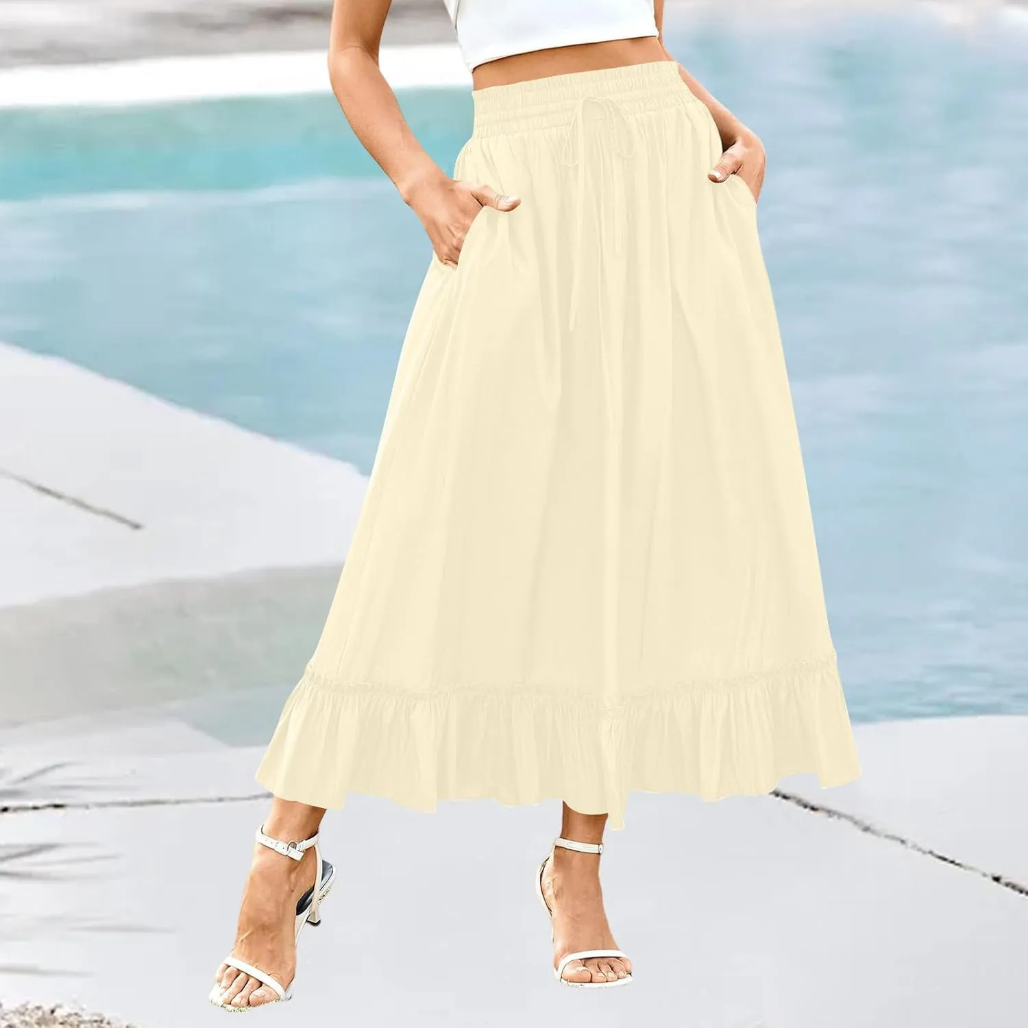 Womens Maxi Skirt Summer Trendy Drawstring Elastic High Waisted Casual Beach Flowy Swing Long Skirts with Pockets