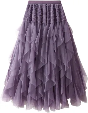 Womens Multilayer Ruffles Skirt Midi Long Fairy Skirt High Low Layered A-line Midi Skirt Irregular Tutu for Women