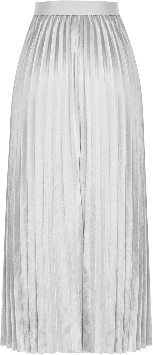 Womens Silk Satin High Waisted Maxi Skirts Dressy Hidden Elasticized Waistband Pleated Flowy Swing A Line Long Skirt