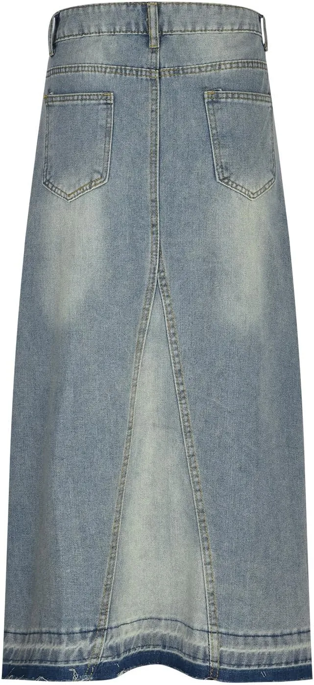 Women's Slit Front Long Denim Skirt Zipper Button Fly Stretch High Waisted Cargo Maxi Jean Skirt with Pockets 2025