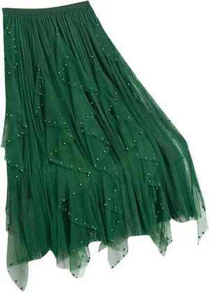Women's Tulle Skirt Layered Pleated Mesh Tutu Skirt High Elastic Waist Midi Skirt Party Prom Mesh Flowy Ankle Skirt