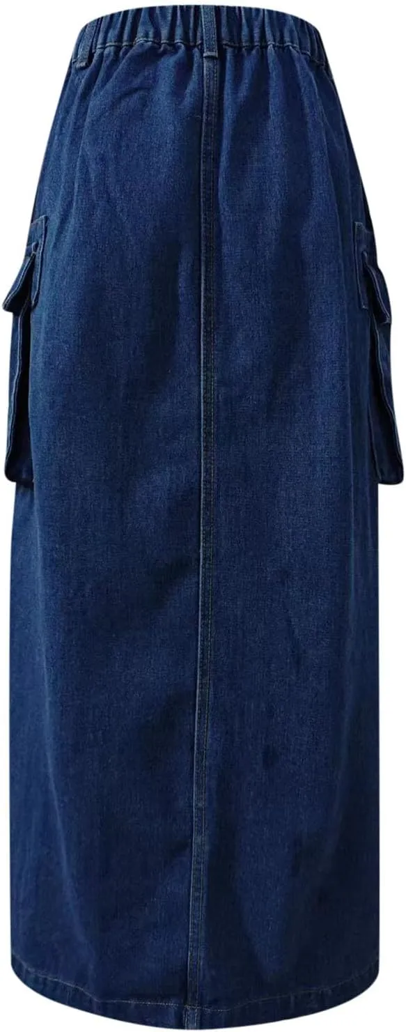 Women's Y2K Long Cargo Elastic High Waisted Denim Maxi Skirts Fashion Vintage Split Front Jean Skirt with Pockets