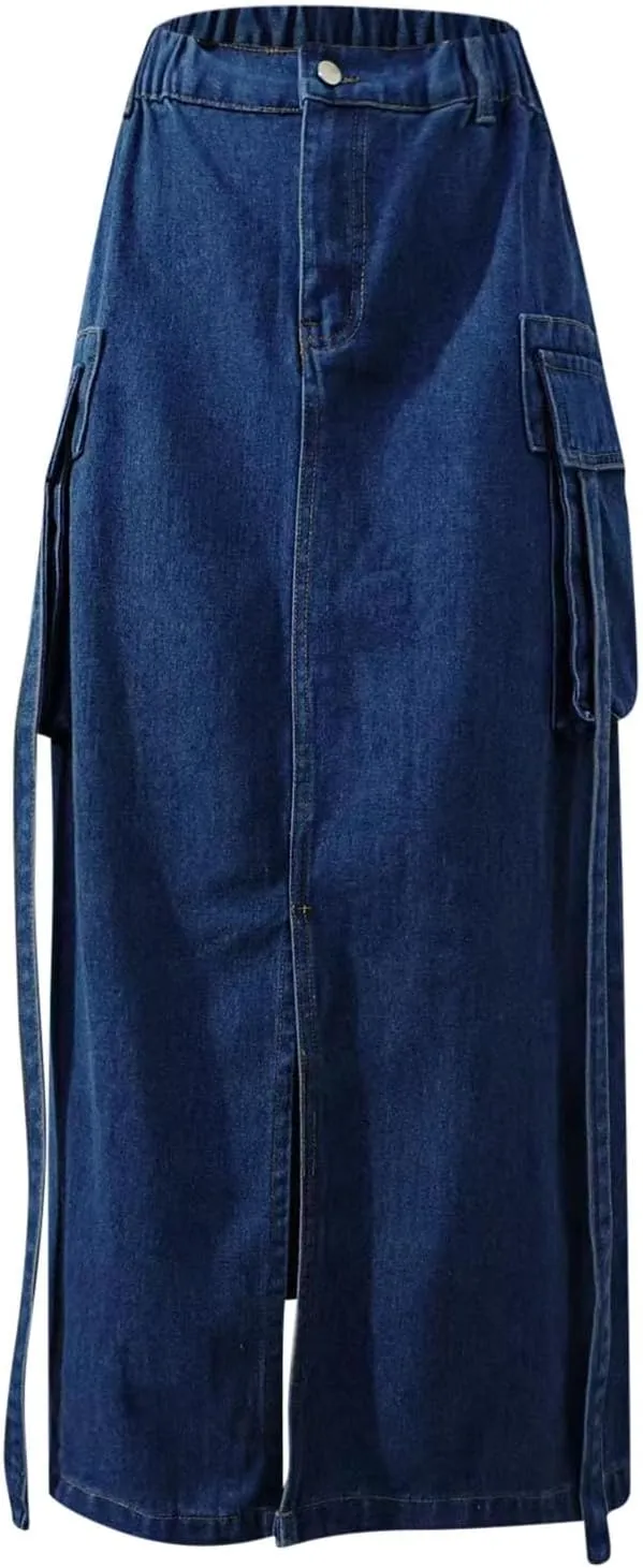 Women's Y2K Long Cargo Elastic High Waisted Denim Maxi Skirts Fashion Vintage Split Front Jean Skirt with Pockets