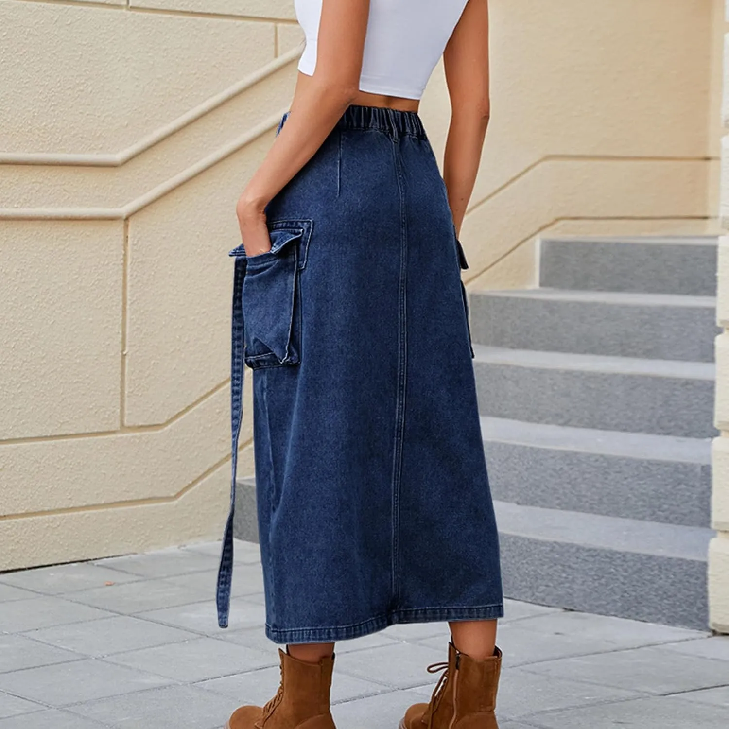 Women's Y2K Long Cargo Elastic High Waisted Denim Maxi Skirts Fashion Vintage Split Front Jean Skirt with Pockets