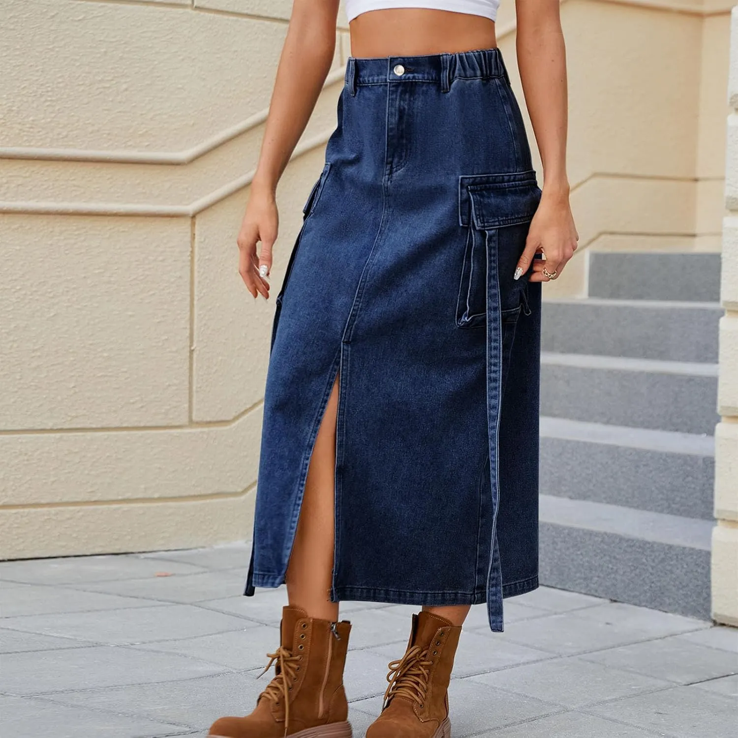 Women's Y2K Long Cargo Elastic High Waisted Denim Maxi Skirts Fashion Vintage Split Front Jean Skirt with Pockets