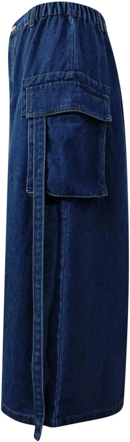 Women's Y2K Long Cargo Elastic High Waisted Denim Maxi Skirts Fashion Vintage Split Front Jean Skirt with Pockets