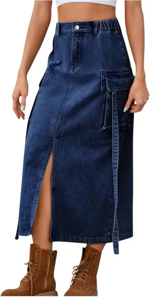 Women's Y2K Long Cargo Elastic High Waisted Denim Maxi Skirts Fashion Vintage Split Front Jean Skirt with Pockets