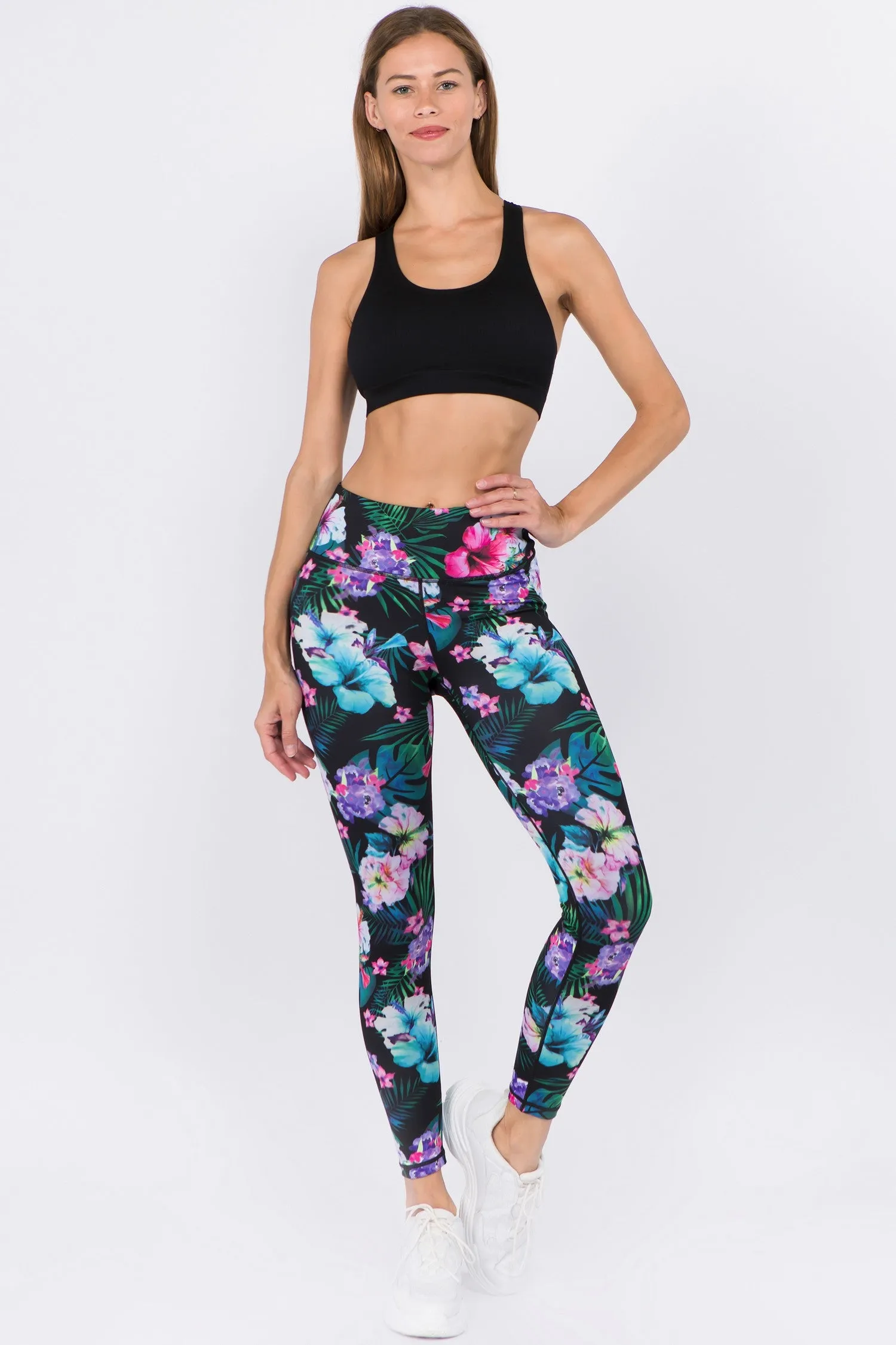 Yelete Women's Active High Rise Tropical Floral Printed Leggings