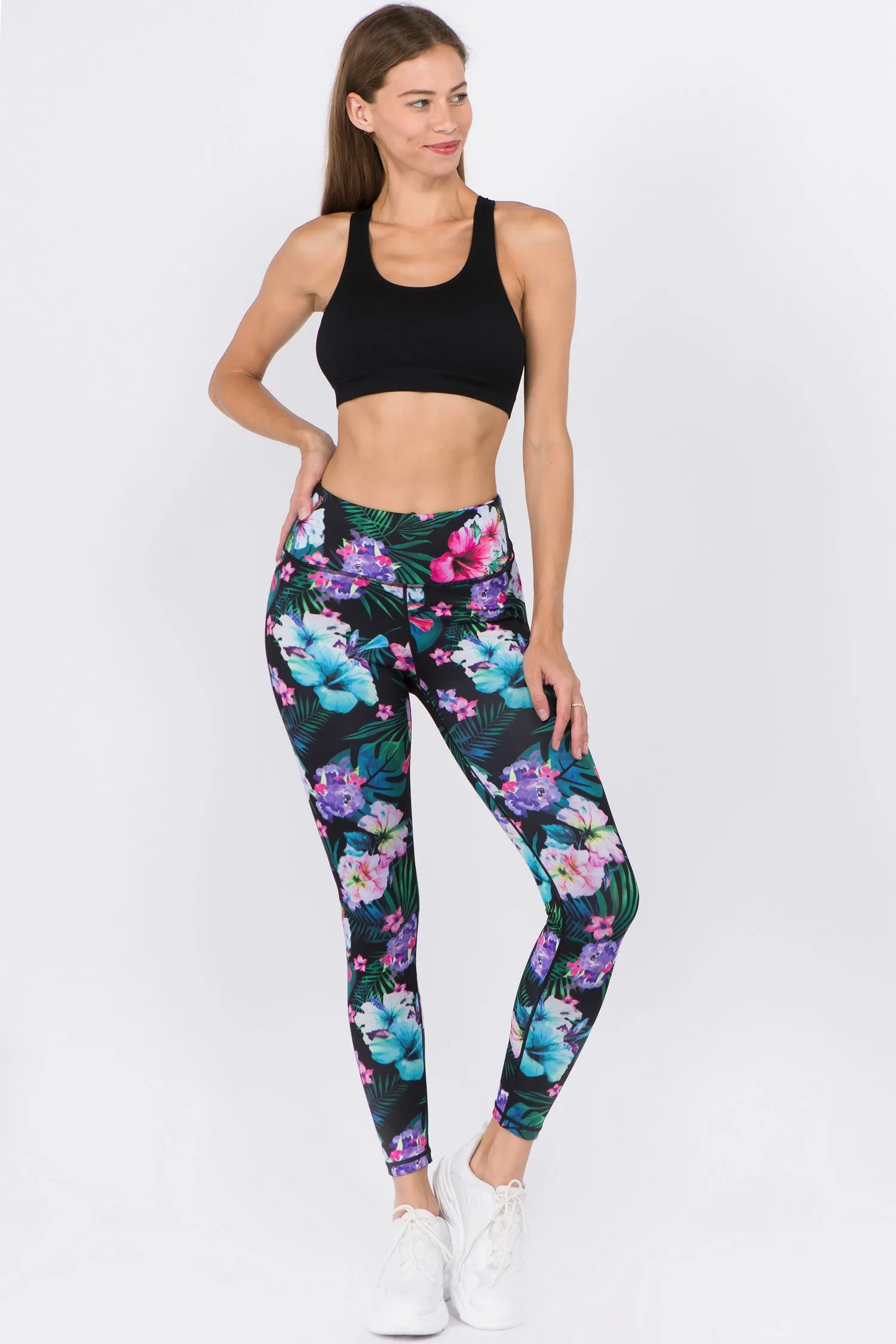 Yelete Women's Active High Rise Tropical Floral Printed Leggings