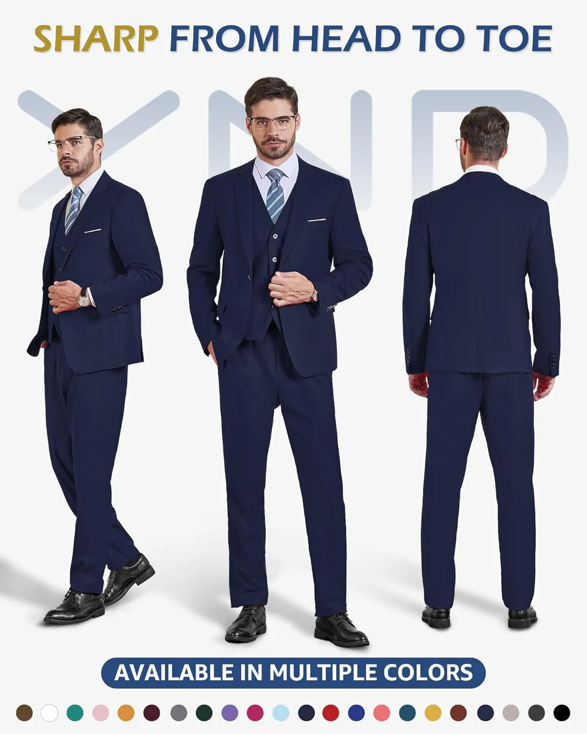YND Men's 3 Piece Slim Fit Tuxedo Set, Solid Shawl Collar Jacquard Jacket Vest Button Pants