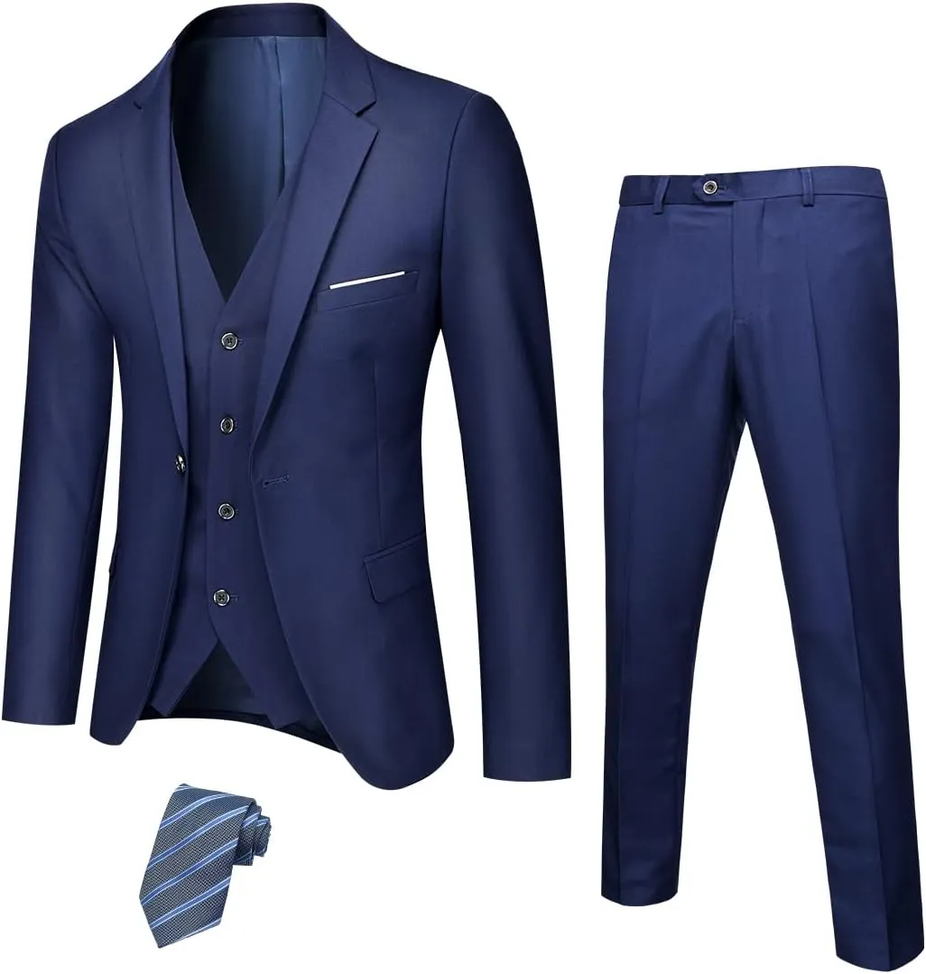YND Men's 3 Piece Slim Fit Tuxedo Set, Solid Shawl Collar Jacquard Jacket Vest Button Pants