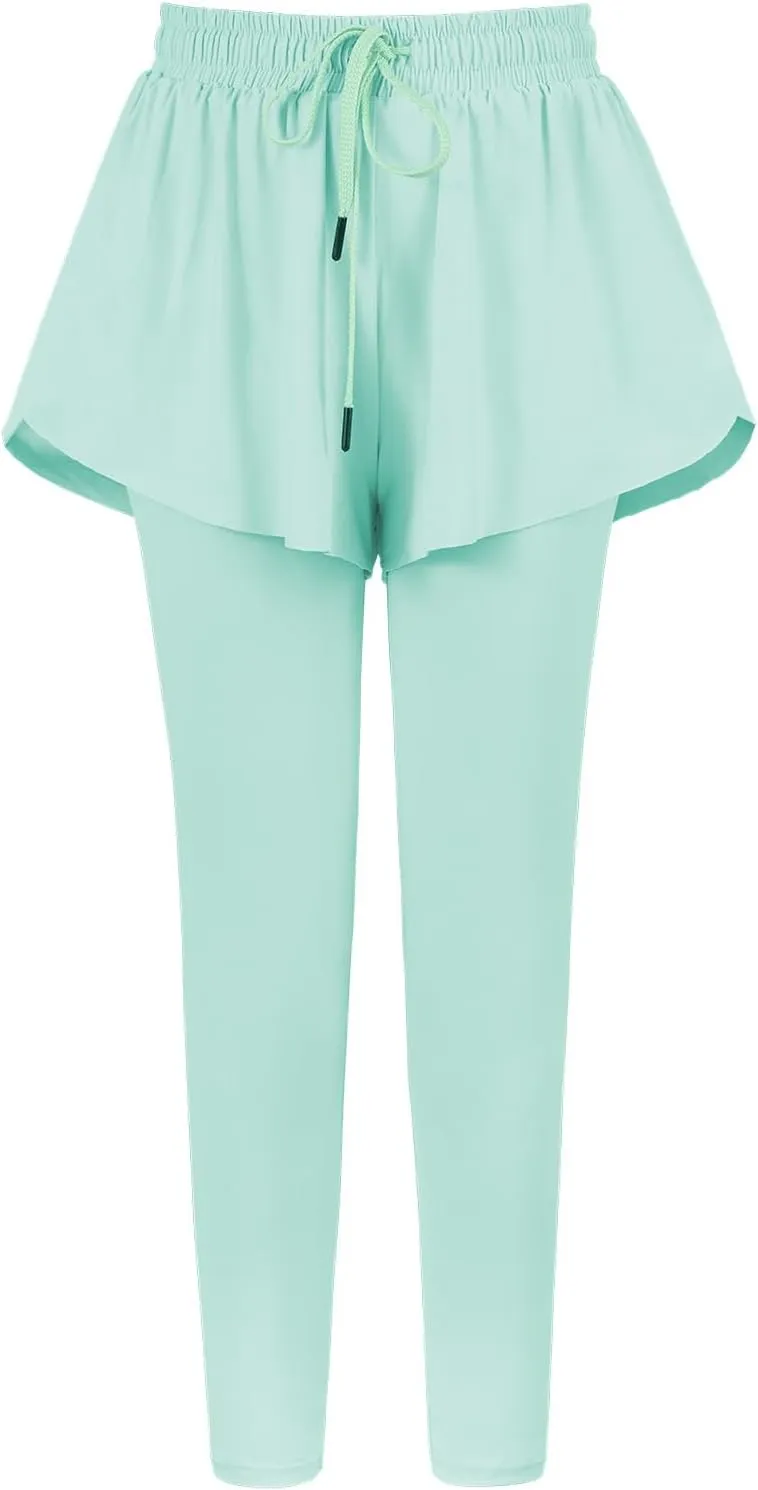 Yoga Active Leggings for Girls 2 in 1 Preppy Kids Flowy Skorts Tight Yoga Pants Tennis Skirted Leggings with Pocket