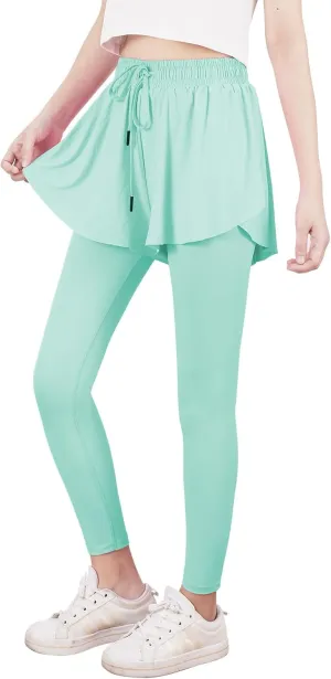 Yoga Active Leggings for Girls 2 in 1 Preppy Kids Flowy Skorts Tight Yoga Pants Tennis Skirted Leggings with Pocket