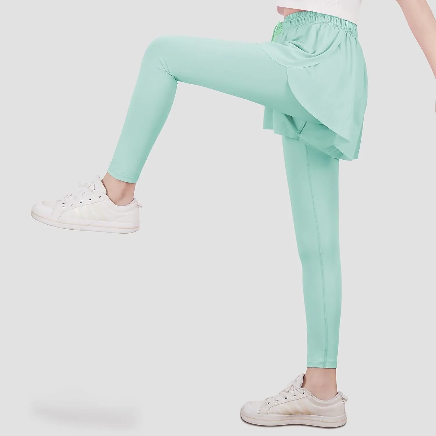 Yoga Active Leggings for Girls 2 in 1 Preppy Kids Flowy Skorts Tight Yoga Pants Tennis Skirted Leggings with Pocket